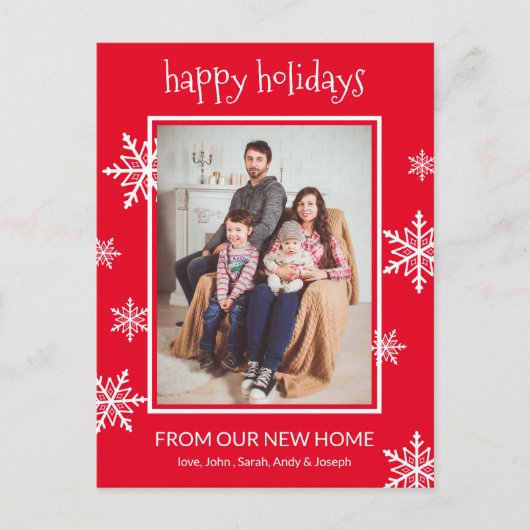 ハッピーホリデーズレッド&ホワイトスノーフレークスフォトムービング 案内ポストカード (正面)