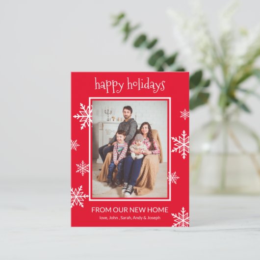 ハッピーホリデーズレッド&ホワイトスノーフレークスフォトムービング 案内ポストカード (スタンド正面)