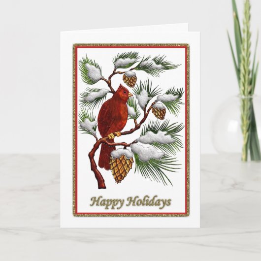 ハッピーホリデーズレッド（鳥）ショウジョウコウカンチョウとパインコーン シーズンカード (正面)