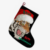 ハッピーホリデーズワイルドライフタイガーとサンタハットブラック ラージクリスマスストッキング (正面 (吊り時))