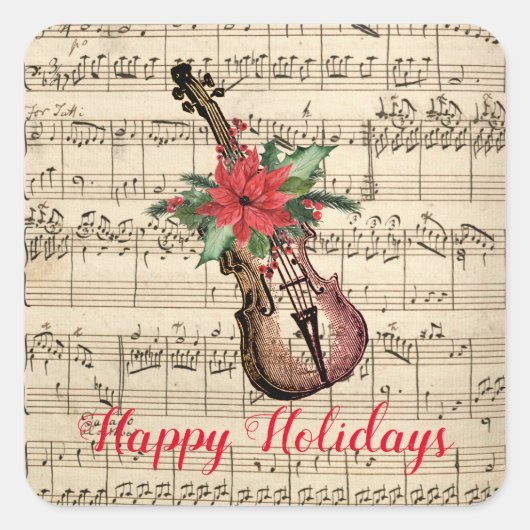 ハッピーホリデーズヴィンテージバイオリンと楽譜 スクエアシール (正面)