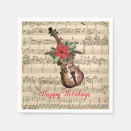 ハッピーホリデーズヴィンテージバイオリンと楽譜 スタンダードカクテルナプキン