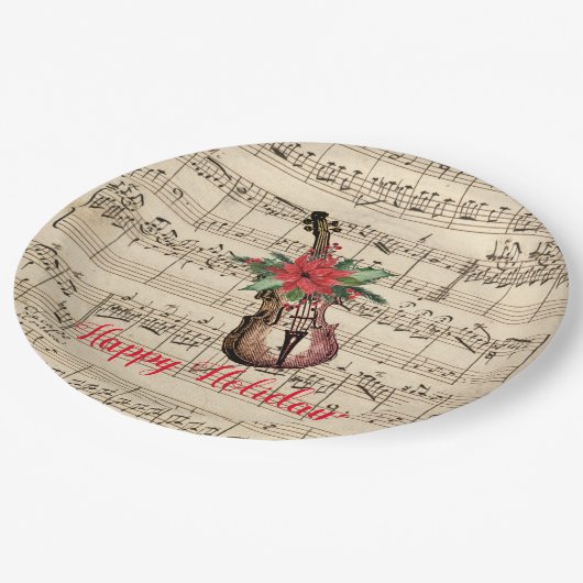 ハッピーホリデーズヴィンテージバイオリンと楽譜 ペーパープレート (アングル)