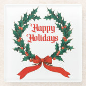ハッピーホリデーズヴィンテージホリークリスマスリース ガラスコースター (正面)