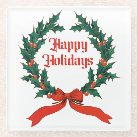 ハッピーホリデーズヴィンテージホリークリスマスリース ガラスコースター (正面)