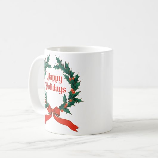 ハッピーホリデーズヴィンテージホリークリスマスリース コーヒーマグカップ (正面左)
