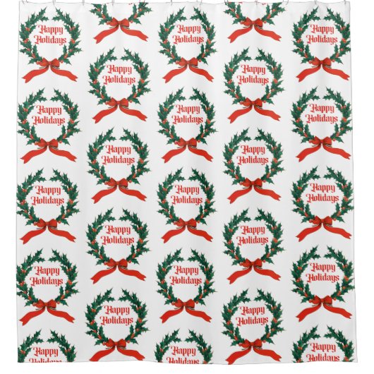 ハッピーホリデーズヴィンテージホリークリスマスリース シャワーカーテン (正面)