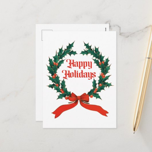 ハッピーホリデーズヴィンテージホリークリスマスリース シーズンポストカード (正面/裏面インサイチュ)
