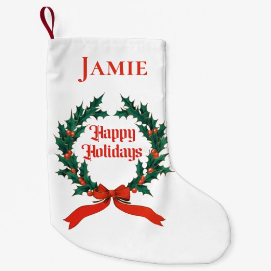 ハッピーホリデーズヴィンテージホリークリスマスリース スモールクリスマスストッキング (正面)