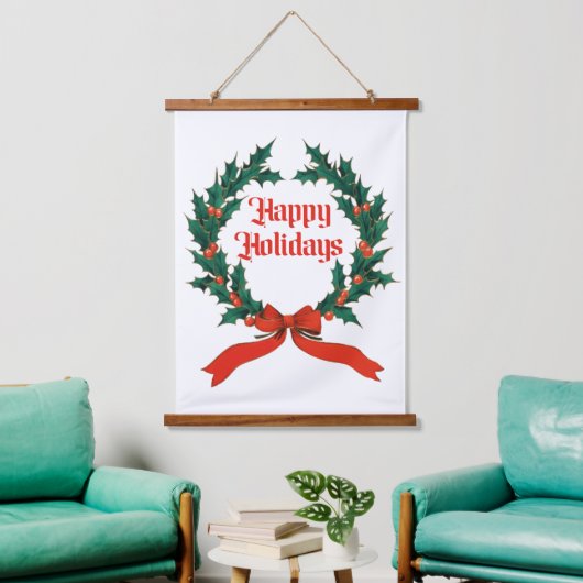 ハッピーホリデーズヴィンテージホリークリスマスリース 吊り下げ型タペストリー (リビング)