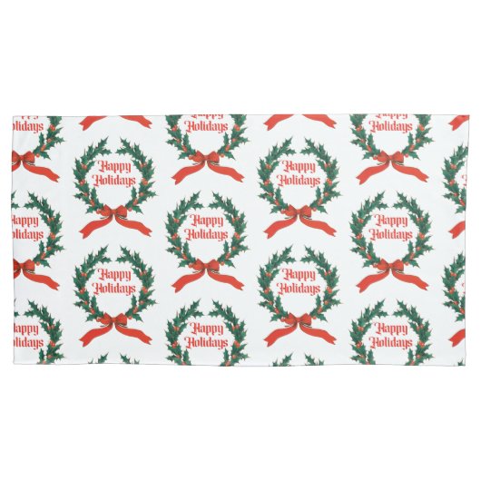 ハッピーホリデーズヴィンテージホリークリスマスリース 枕カバー (正面左)