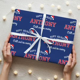 ハッピーホリデーズ名前をカスタムするクリスマスネイビーレッド ラッピングペーパー
