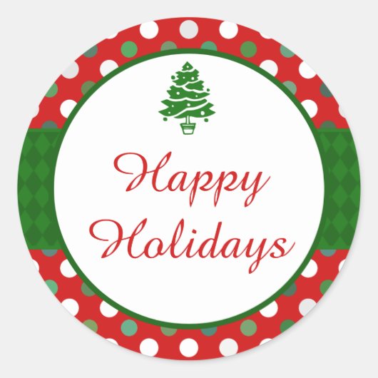 ハッピーホリデーズ水玉模様クリスマスツリーステッカー ラウンドシール (正面)