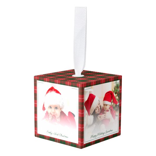 ハッピーホリデーズ祖母ベビー写真クリスマス キューブオーナメント (正面アングル)