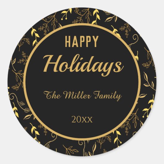 ハッピーホリデーズ葉金ゴールドオンブラック ラウンドシール (正面)