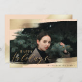 ハッピーホリデーズ赤面ピンク&ゴールドフォイルブラシフォト シーズンカード (正面/裏面)