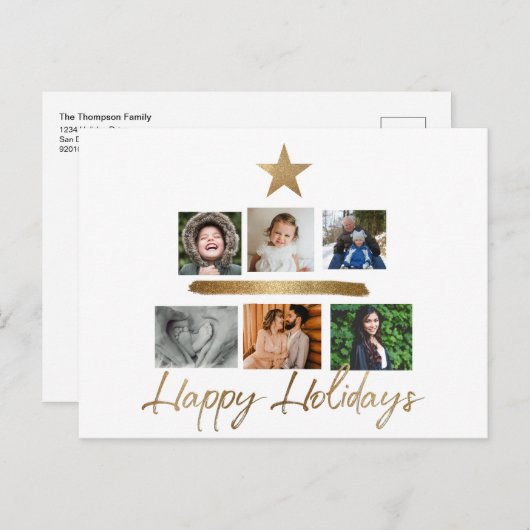 ハッピーホリデーズ金ゴールドクリスマスツリーフォトコラージュH シーズンポストカード (正面/裏面)