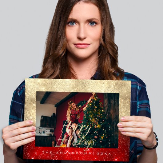 ハッピーホリデーズ金ゴールドコテージフォトレッドスパークポストカ ポストカード