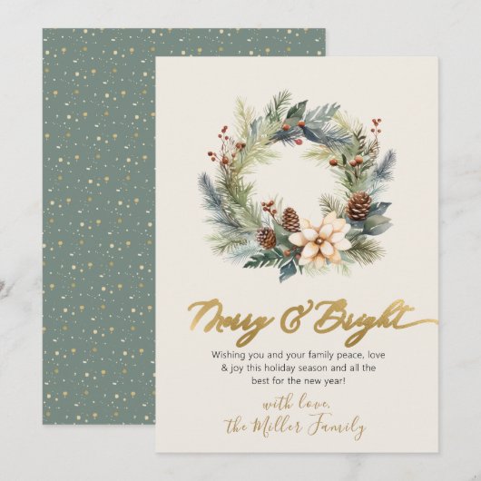 ハッピーホリデーズ金ゴールドスクリプトリースグリーナリーカード シーズンカード (正面/裏面)