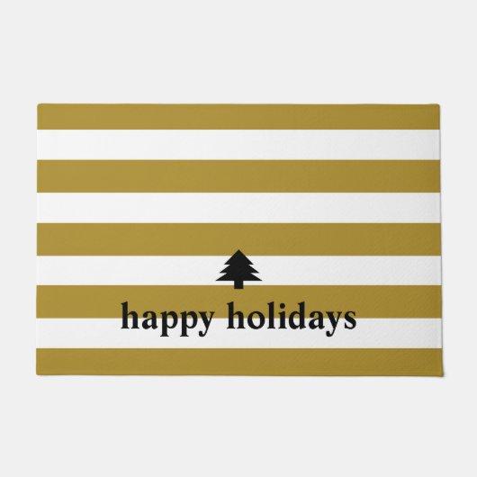 ハッピーホリデーズ金ゴールドストライプのクリスマス ドアマット (正面)