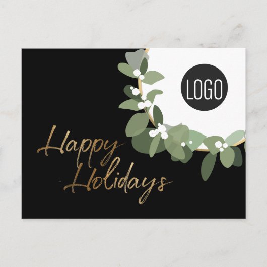 ハッピーホリデーズ金ゴールドブラックリースビジネスロゴ シーズンポストカード (正面)