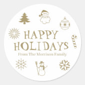 ハッピーホリデーズ金ゴールドホワイト名前をカスタムするギフトお願い ラウンドシール (正面)