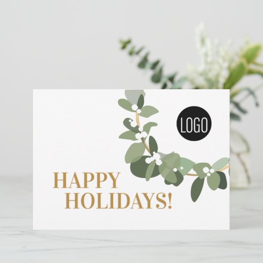 ハッピーホリデーズ金ゴールドモダンリースあなたのロゴ シーズンカード (スタンド正面)