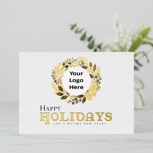ハッピーホリデーズ金ゴールドリースビジネスクリスマス 箔シーズンカード (立ち正面)