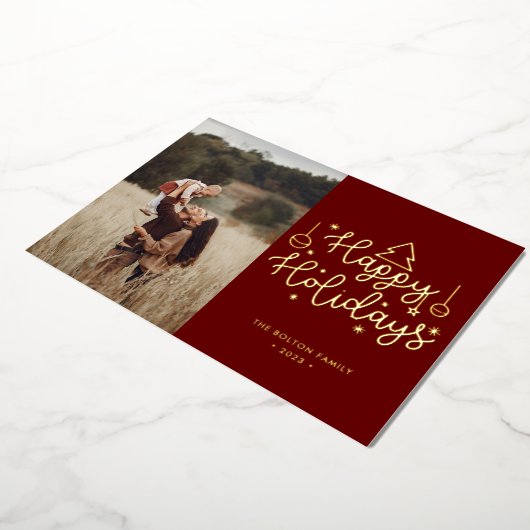 ハッピーホリデーズ金ゴールドレタリングクリスマスフォトフォイル 箔シーズンカード (回転した状態)