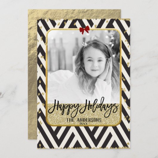 ハッピーホリデーズ金ゴールド白黒モダン写真 シーズンカード (正面/裏面)
