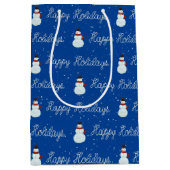 ハッピーホリデーズ雪だるまとロープ文字オンブルー ミディアムペーパーバッグ (正面)