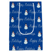 ハッピーホリデーズ雪だるまとロープ文字オンブルー ミディアムペーパーバッグ (裏面)