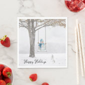 ハッピーホリデーズ雪だるまオンウィンタースイング スタンダードランチョンナプキン (インサイチュ)