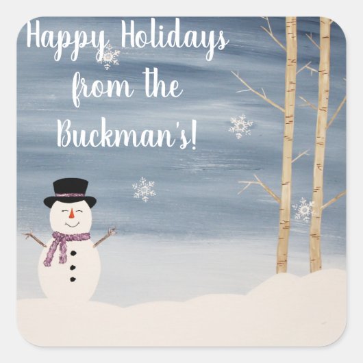 ハッピーホリデーズ雪だるまステッカー スクエアシール (正面)