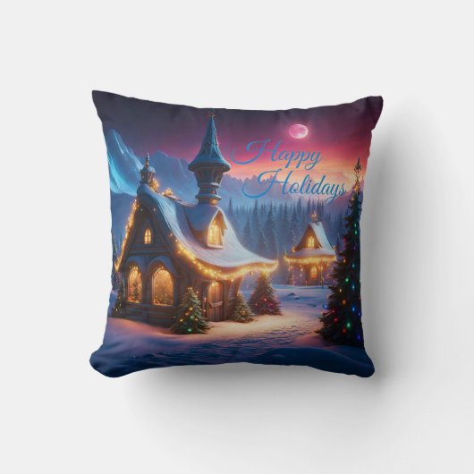 ハッピーホリデーズ雪のキャビンとクリスマスツリー クッション (正面)