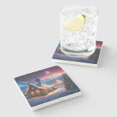 ハッピーホリデーズ雪のキャビンとクリスマスツリー ストーンコースター (横)