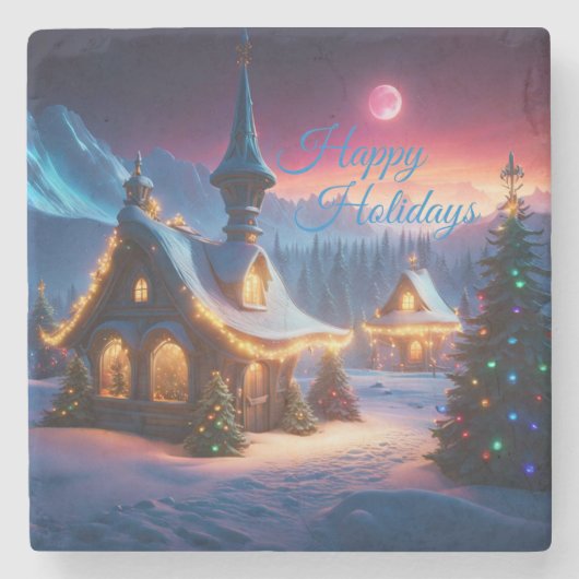 ハッピーホリデーズ雪のキャビンとクリスマスツリー ストーンコースター (正面)