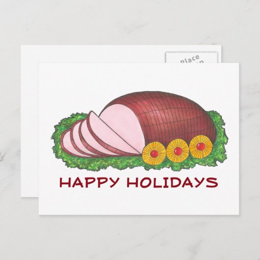 ハッピーホリデーズ グレイズドハムのディナー 食品イラスト シーズンポストカード (正面/裏面)