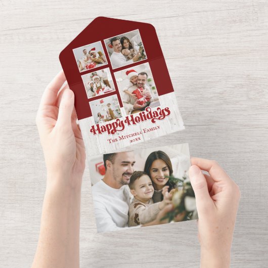 ハッピーホリデータイポグラフィ素朴オンウッド5 – 写真 オールインワン招待状 (貼ってはがせる)