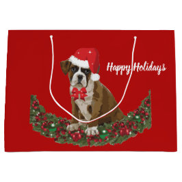 ハッピーホリデードッグクリスマスサンタハットカワイイフェスティバル ラージペーパーバッグ