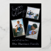 ハッピーホリデーパーソナライズされた4フォトコラージシルバー 箔シーズンカード (正面)