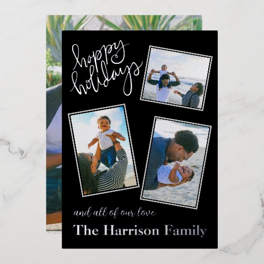 ハッピーホリデーパーソナライズされた4フォトコラージシルバー 箔シーズンカード (正面/裏面)