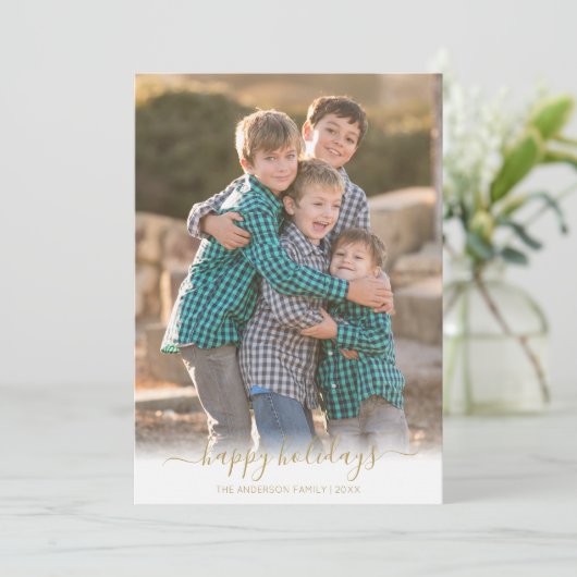 ハッピーホリデーフェイク金ゴールドスクリプトクリスマスフォト シーズンカード (スタンド正面)