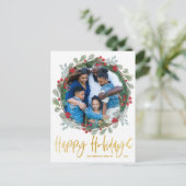 ハッピーホリデーフェイク金ゴールド文字フォトクリスマス ポストカード (スタンド正面)