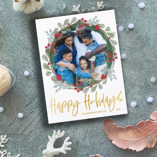 ハッピーホリデーフェイク金ゴールド文字フォトクリスマス ポストカード