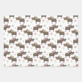 ハッピーホリデーホリー離れズ可愛いトナカイのクリスマス ラッピングペーパーシート