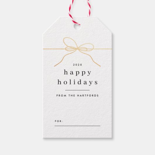 ハッピーホリデーミニマル金ゴールドボウモダンクリスマス ギフトタグ (正面)