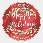 ハッピーホリデーメリークリスマスホリーフローラアドレス ラウンドシール (正面)