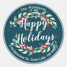 ハッピーホリデーメリークリスマスホリーフローラアドレス ラウンドシール