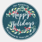 ハッピーホリデーメリークリスマスホリーフローラアドレス ラウンドシール (正面)